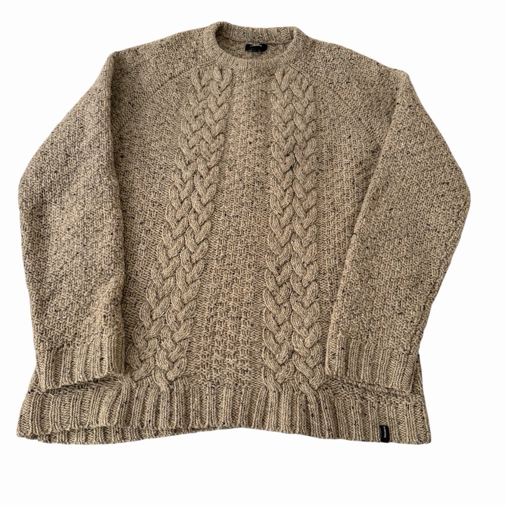 Finisterre Men's Pure New Wool Cable Knit Oat Beige Fisherman Sweater Size Large